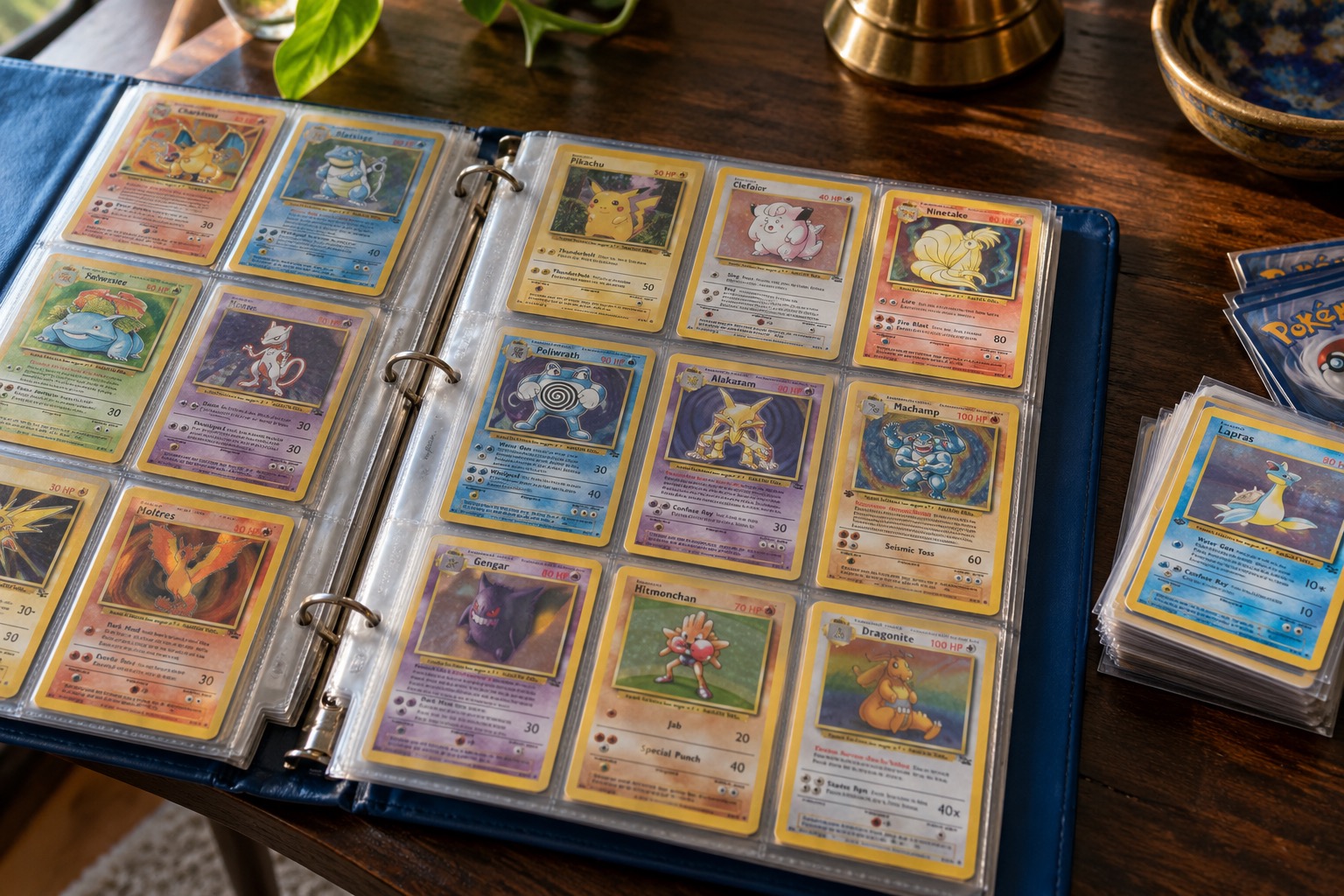 An open binder and sleeved collectible cards on a table